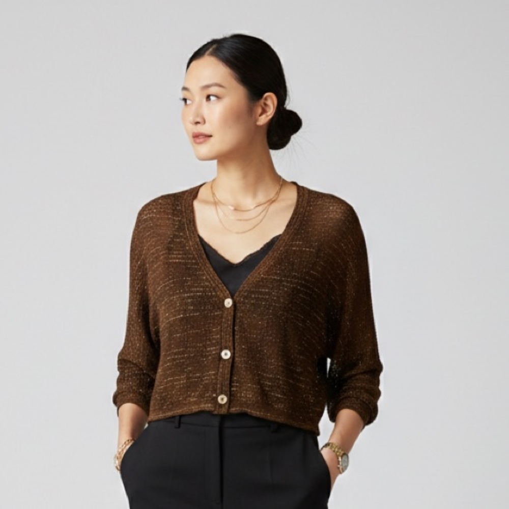 KIKIT Brown Button-Up Women's Sweater 3/4 Sleeves